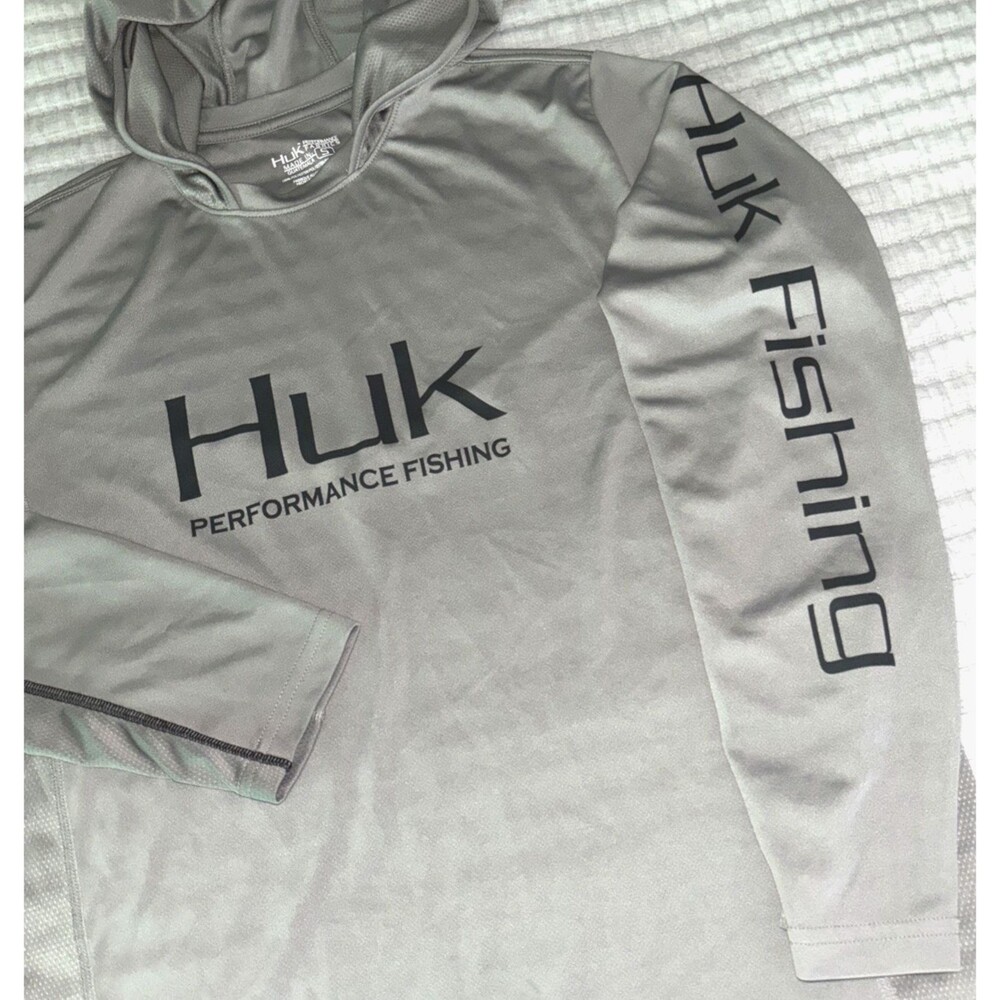 Huk Performance Fishing Hoodie Mens Small Gray Long Sleeve Hooded Stretch